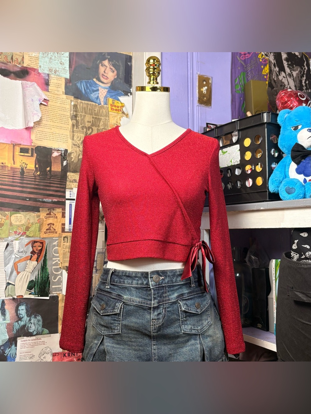 Red Glitter Wrap Tie Crop Top